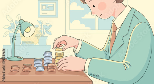 Man in Suit Counting Stacks of Coins.
