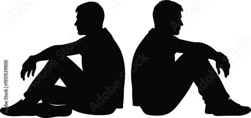 Twin men silhouette sitting back to back, thoughtful male figures in profile pose, isolation and reflection concept on white background
