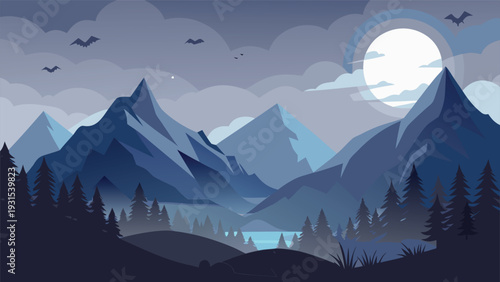 Majestic mountains under a full moon with a dark, cloudy sky and a calm forest below Vector