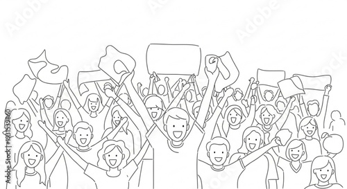 Diverse crowd of people protesting with signs and banners in a lively demonstration