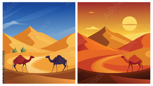 A vibrant sunset over a desert landscape with a camel and a tent Vector