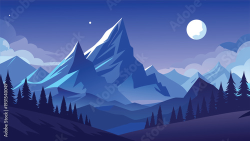 Majestic mountains under the moonlight with a serene forest below Vector