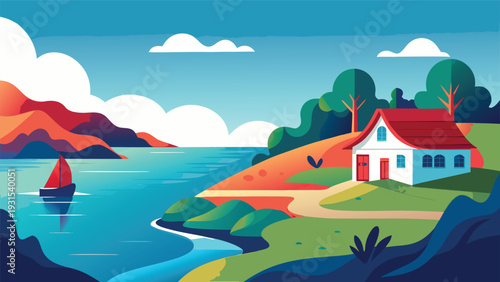 A picturesque lakeside house surrounded by lush greenery and vibrant flowers Vector