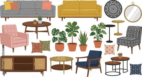 living room furniture set, modern home decor collection, indoor plants, sofa chairs tables, contemporary interior elements, stylish vector illustration