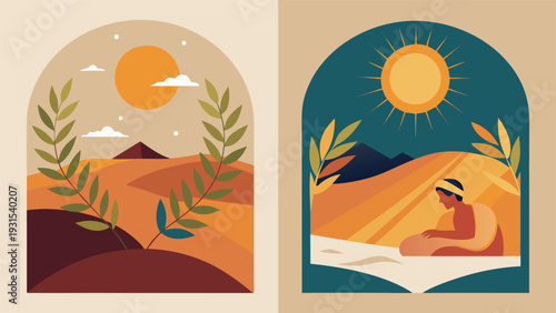 A serene desert landscape with a crescent moon and an open book under a starry sky Vector
