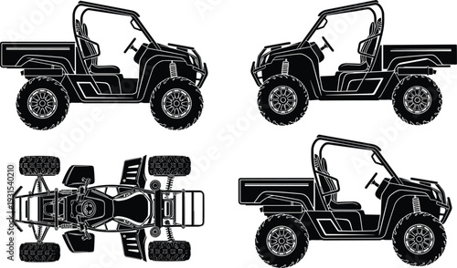 Utility terrain vehicle silhouette vector illustration, side and top view UTV off road vehicle isolated on white background, all terrain transport design