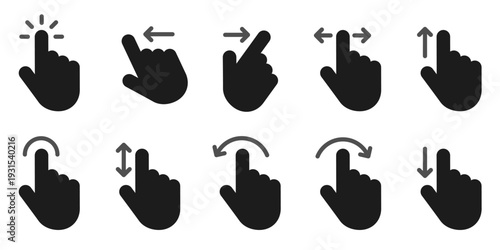 Hand finger gesture icon set, slide up down left right finger signs, swipe symbol - vector