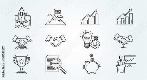 Business Icons Set Doodle Style Hand Drawn Vector Illustration.