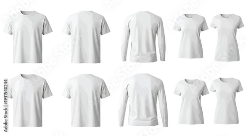 Collection of various white tshirts with different sleeve lengths and styles isolated on white background