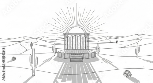 Desert landscape with futuristic building and cacti under sunny sky