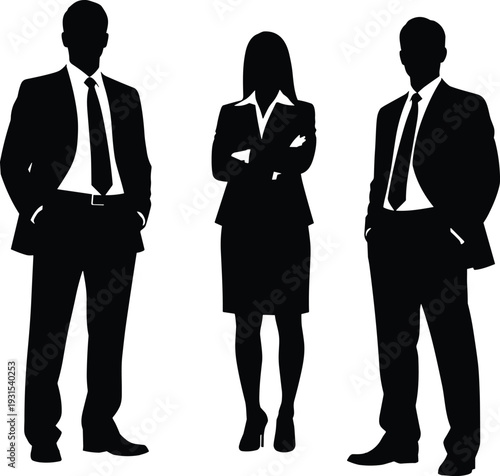 Black business silhouette of three professionals standing together, man woman man in suits, confident team pose, corporate group vector illustration