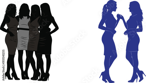 Women silhouette group and conversation pose set, stylish female figures in dresses and high heels, fashion vector illustration isolated on white background