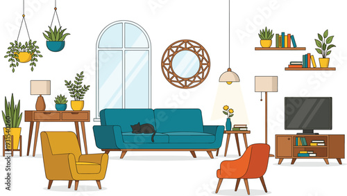 modern living room interior, cozy home scene, stylish furniture layout, indoor plants decor, contemporary apartment design, comfortable lifestyle illustration