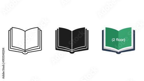 Three open book icons in different colors and styles Vector