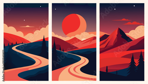 A vibrant sunset over a winding river in a mountainous landscape with a red sky Vector