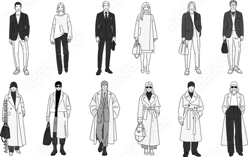 Black line art fashion figures collection, men and women in modern coats blazers trousers oversized outfits winter autumn style vector illustration