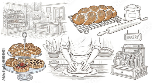 Baking scene with bread pastries and baker kneading dough.