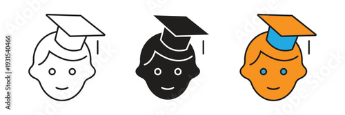 Graduation Icon. Student avatar icon wearing graduation cap representing academic achievement, online learning certification, and education concept.