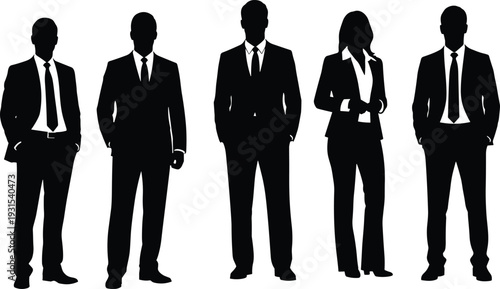 Black business silhouette of six professionals standing in row, men women in suits formal attire confident corporate team vector illustration
