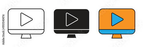 Basic Computer Video Icon. Computer screen displaying a play video icon representing online courses, streaming, and digital education platform.