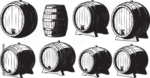 Illustration of various wooden barrels in different positions shown