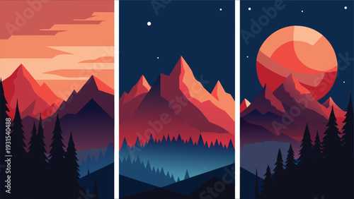 A majestic landscape showcasing a serene forest with a vibrant sunset and a mysterious moonrise Vector