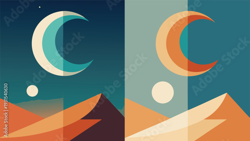 A vibrant depiction of two crescent moons rising over a mountain range at sunset Vector