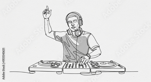 Young dj wearing headphones plays music on turntables with one hand raised in a nightclub or party setting with a joyful atmosphere and dynamic lighting