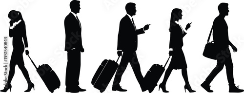 Silhouette of business people traveling with suitcases, professionals walking with luggage, airport travel, commuters on the move isolated on white background, vector illustration, career.