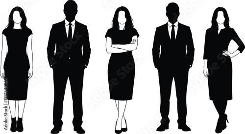 Black silhouette business team of five professionals standing together, men women in suits dresses confident corporate group pose vector illustration