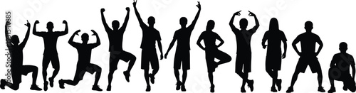 Silhouette of diverse people in active poses, celebrating success, dancing, exercising, and posing, isolated on white background, teamwork, community, health, joy, and vitality, vector illustration.