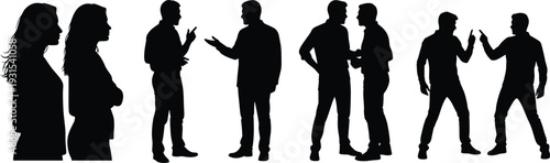 Silhouette of people talking and interacting, men and women in conversation, business discussion, social gathering poses, isolated on white background, vector illustration, communication, community.
