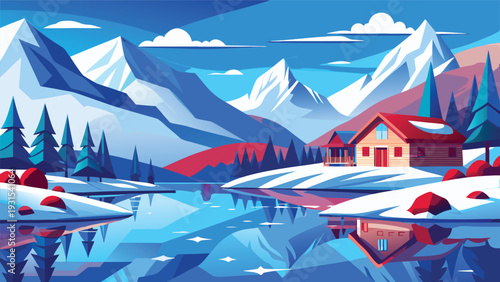 A serene winter landscape featuring a cozy cabin nestled by a frozen lake with snow-covered mountains in the background Vector