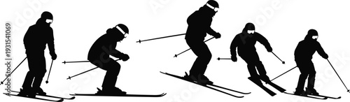 Skiing Silhouette Set, Winter Sports Professional Skiers Collection, Mountain Snow Activity Poses, Outdoor Extreme Athlete Group, Downhill Skiing Action, Vector Illustration Isolated on White