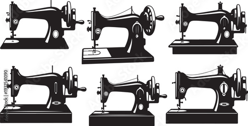 Six black and white sewing machines in different positions
