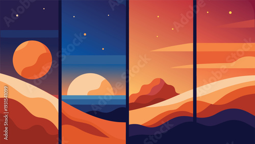 A surreal landscape with floating orbs and vibrant colors under a starry sky Vector