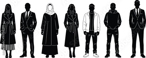 Black silhouette diverse group of nine people standing in row, mixed gender multicultural outfits hijab suit casual formal fashion vector illustration