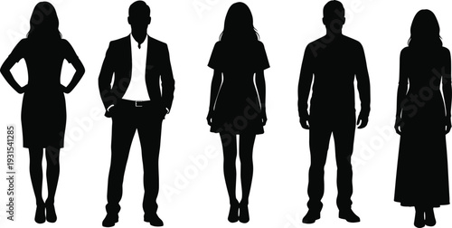 Black silhouette diverse group men women standing poses, business casual dress formal outfits vector illustration, confident stances isolated white background.