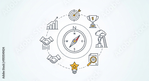 Business strategy compass with icons representing goals and success.