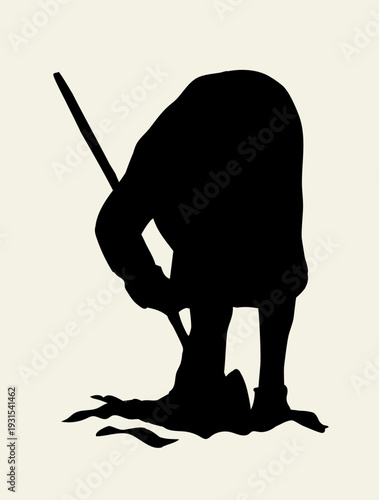 Vector drawing. A gardener weeding a garden