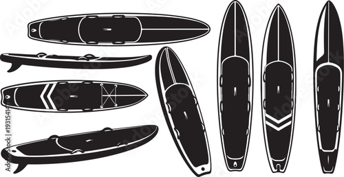 Black and white illustration of various paddleboard designs