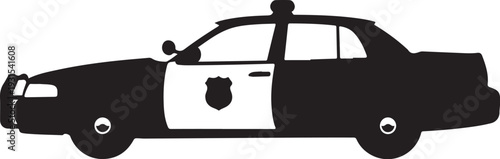 Police Car Silhouette with Badge on White Background Illustration