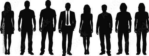 Black silhouette group of eleven diverse people standing in line, mixed men women casual formal business outfits, team community vector illustration