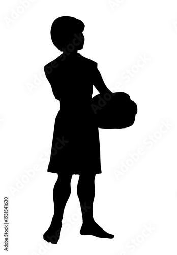 Vector drawing. The boy offers 5 loaves of bread and 2 fish