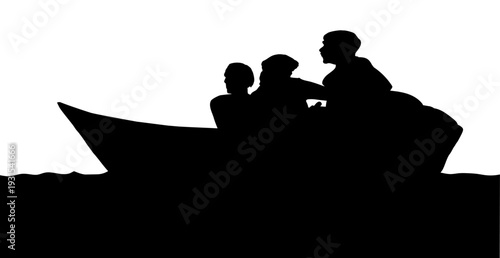 Vector drawing. Ancient men in the boat