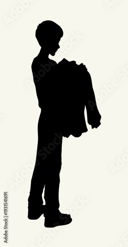 Vector drawing. The boy is picking up his shirt