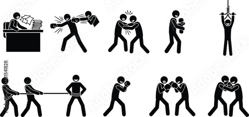 Conflict and violence silhouette icons set, fight abuse bullying kidnapping and stress concept illustration
