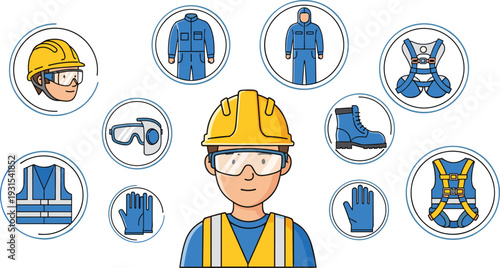 Construction personal protective equipment icons set, worker wearing helmet goggles vest gloves boots harness safety gear illustration