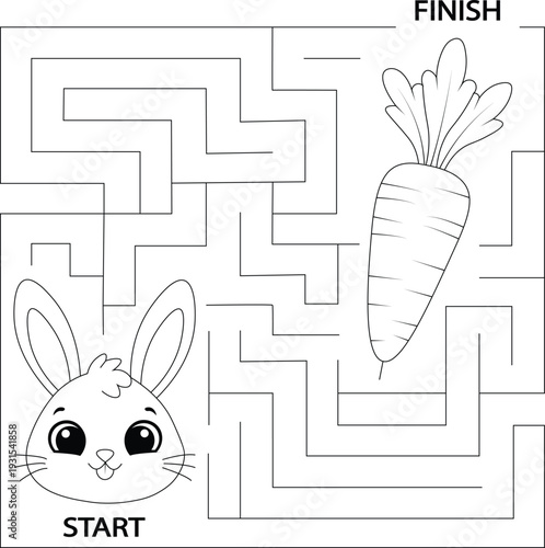 Rabbit Maze Game for Kids – Printable Preschool Activity Worksheet, Carrot Labyrinth Coloring Page
