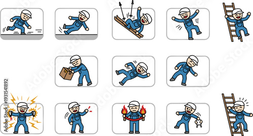 Construction worker accident and hazard icons set, ladder fall electric shock injury workplace safety cartoon illustration